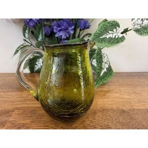 Vintage Olive Green Crackle Glass Pitcher Hand Blown Applied Handle Mid‎ Century